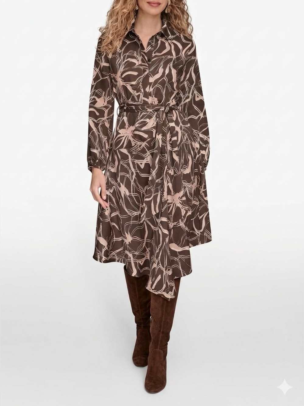 Donna Karan New York Midi Shirt Dress • Brown with Blush Floral Print • 12 • NWT